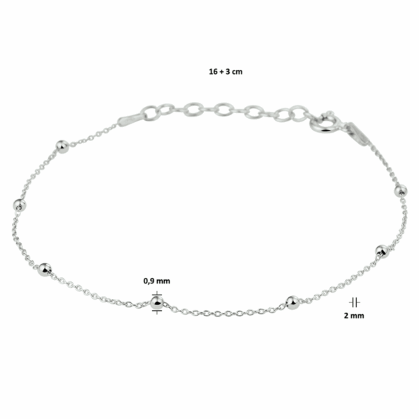 armband bolletjes 2,0 mm 16 + 3 cm zilver gerhodineerd